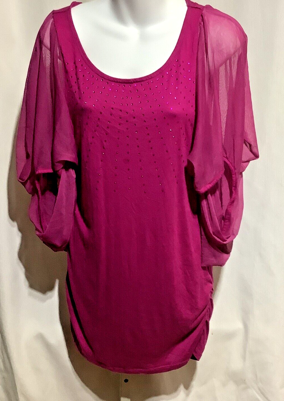 AKDMKS Large Magenta Ruched Top Rhinestone Sheer Drape Sleeve Clubwear Blouse